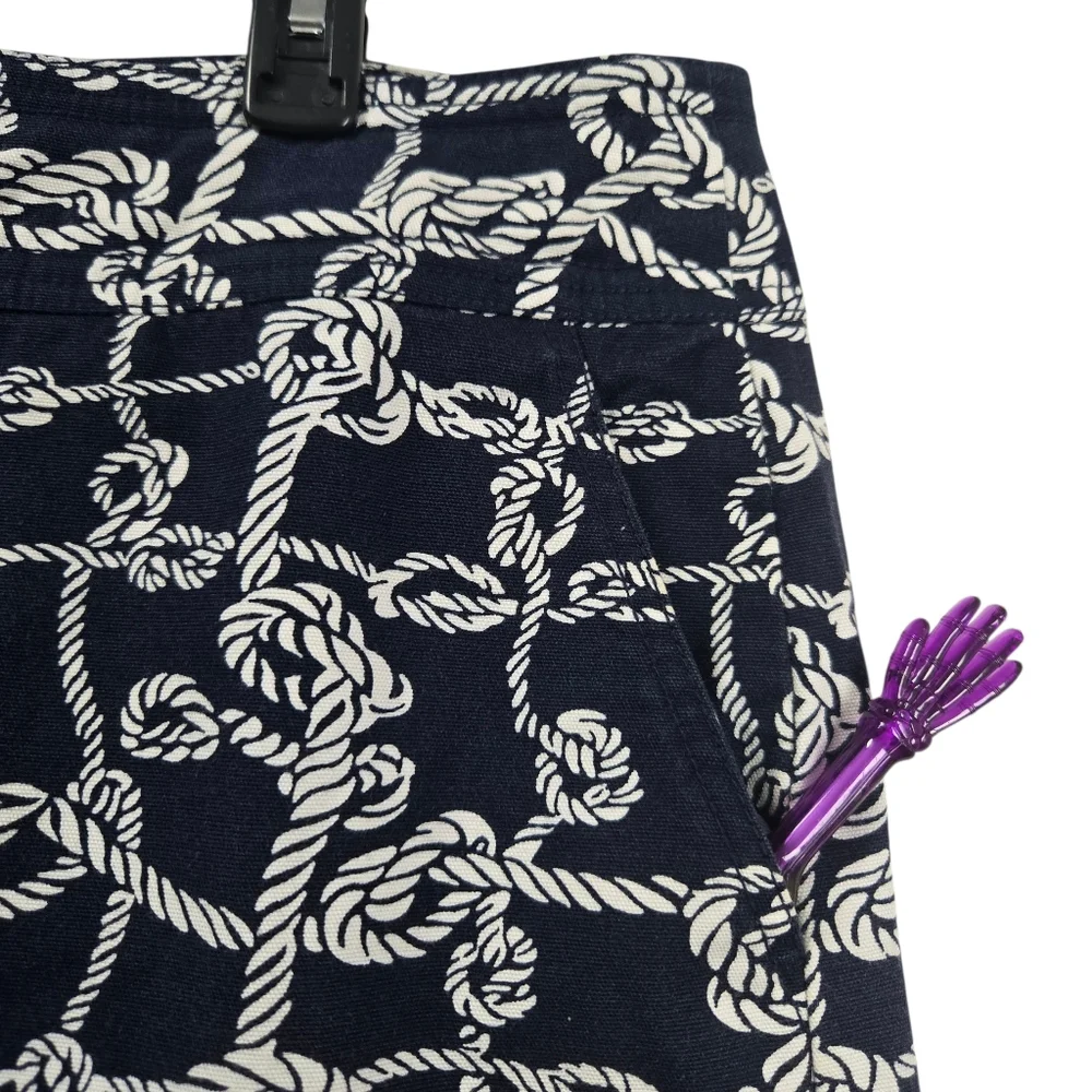 Talbots Rope Knot Print‎ Mini Skirt Navy Blue White Cotton Stretch Pockets